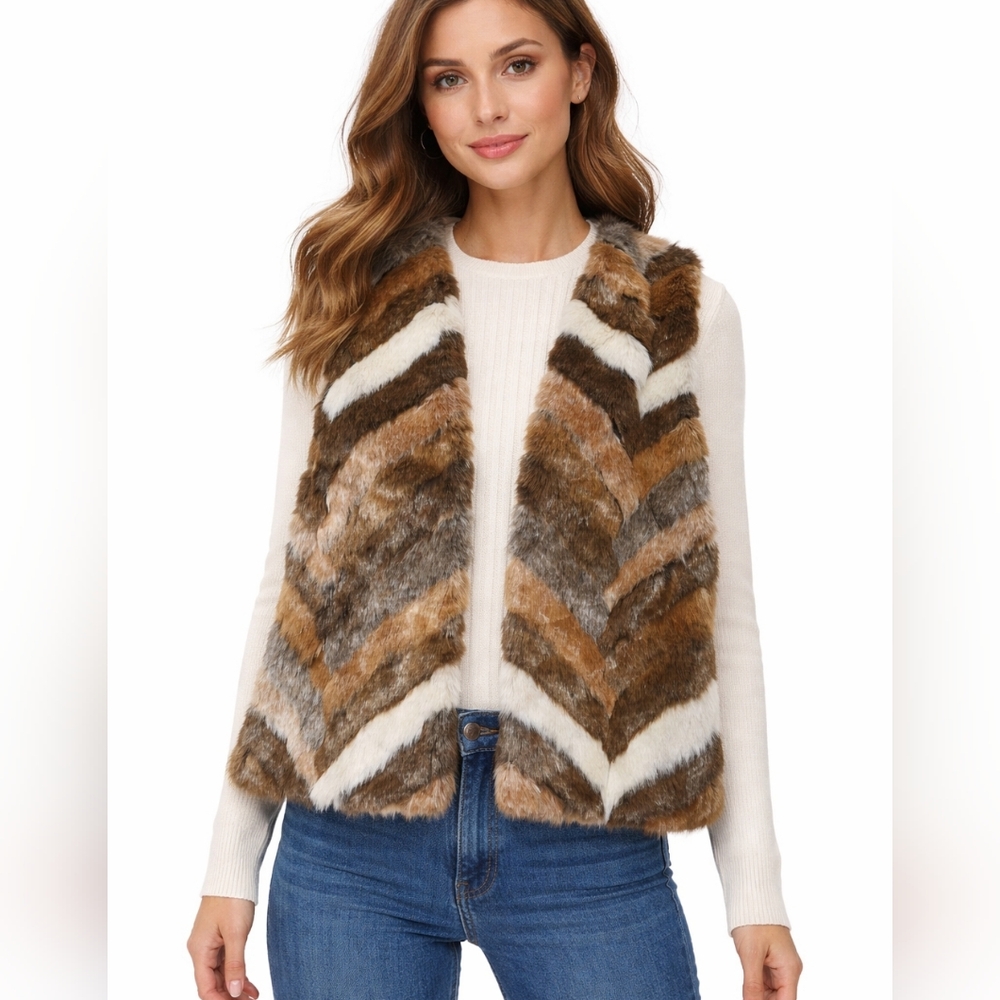 Chico's womens L brown faux fur vest boho cozy fuzzy glam party old money